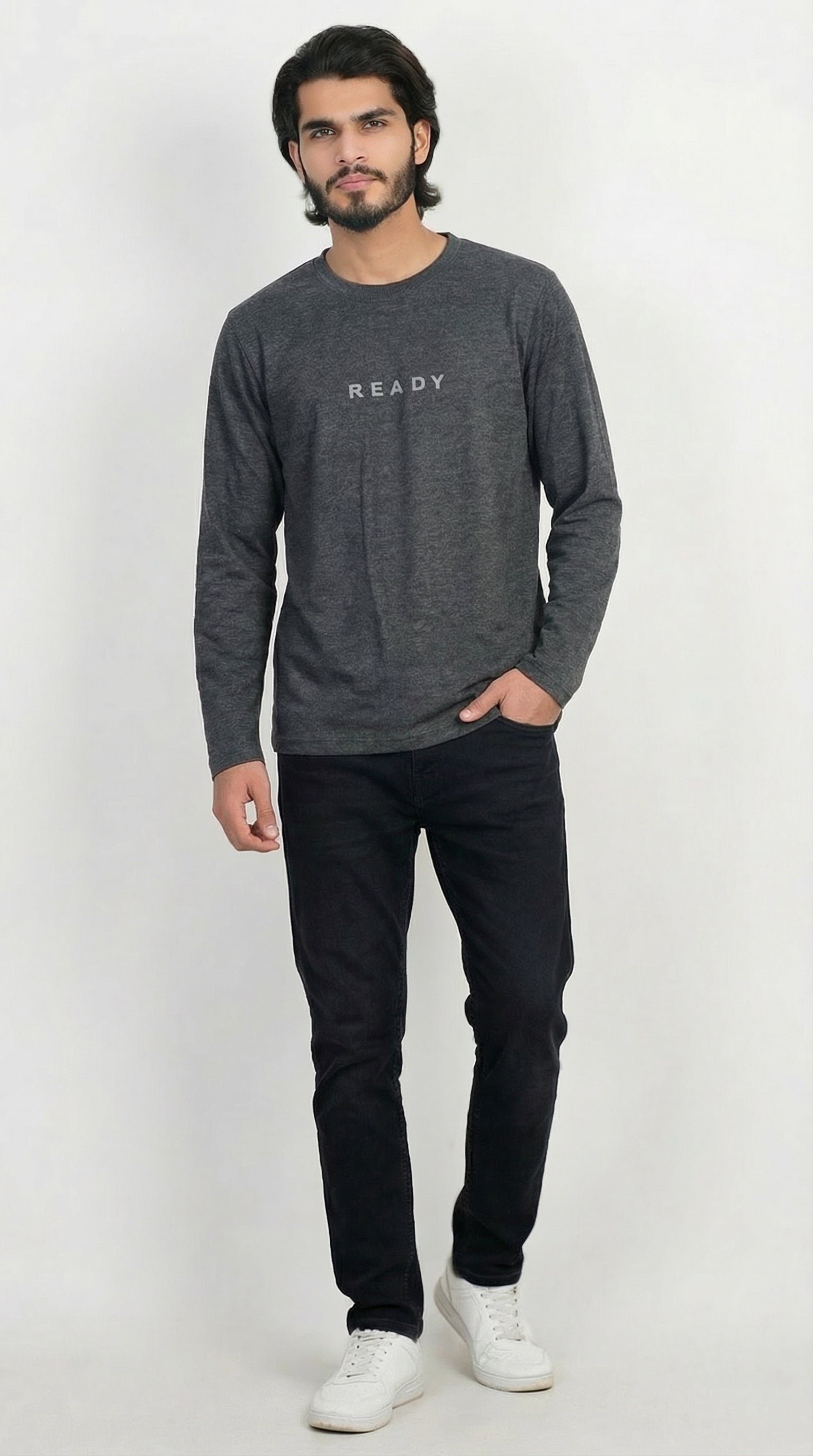 Heather Grey Full Sleeve Crew Neck T-Shirt